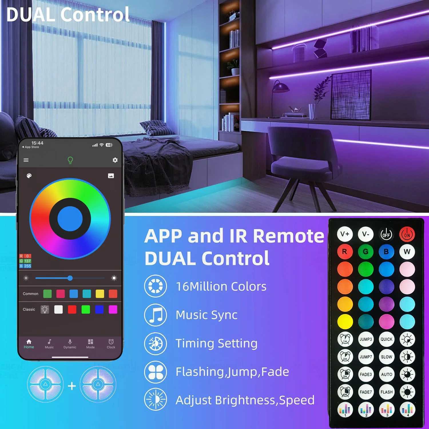 USB LED Strip Light WiFi App Control Tape RGB Bedroom Living Room Self-adhesive TV Backlight 44K Remote Lamp Alexa Diode Lights W251107