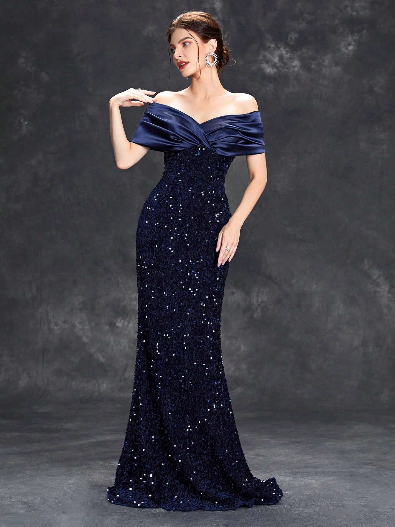 Mgiacy E Neck Pleated Tint Sequin Veet Fishtail Dress Evening Gown Ball Party Bridesmaid Dress