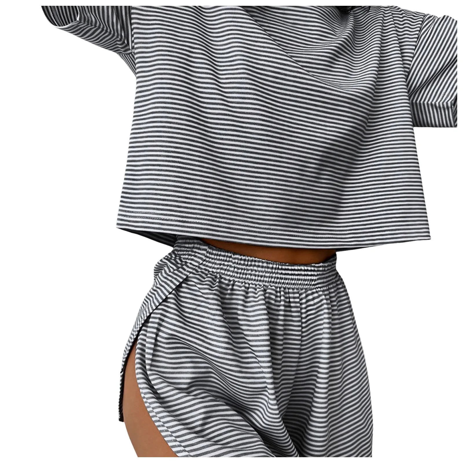 Womens striped pajamas set short sleeved Tshirt and 2piece womens home casual loose round neck 250313