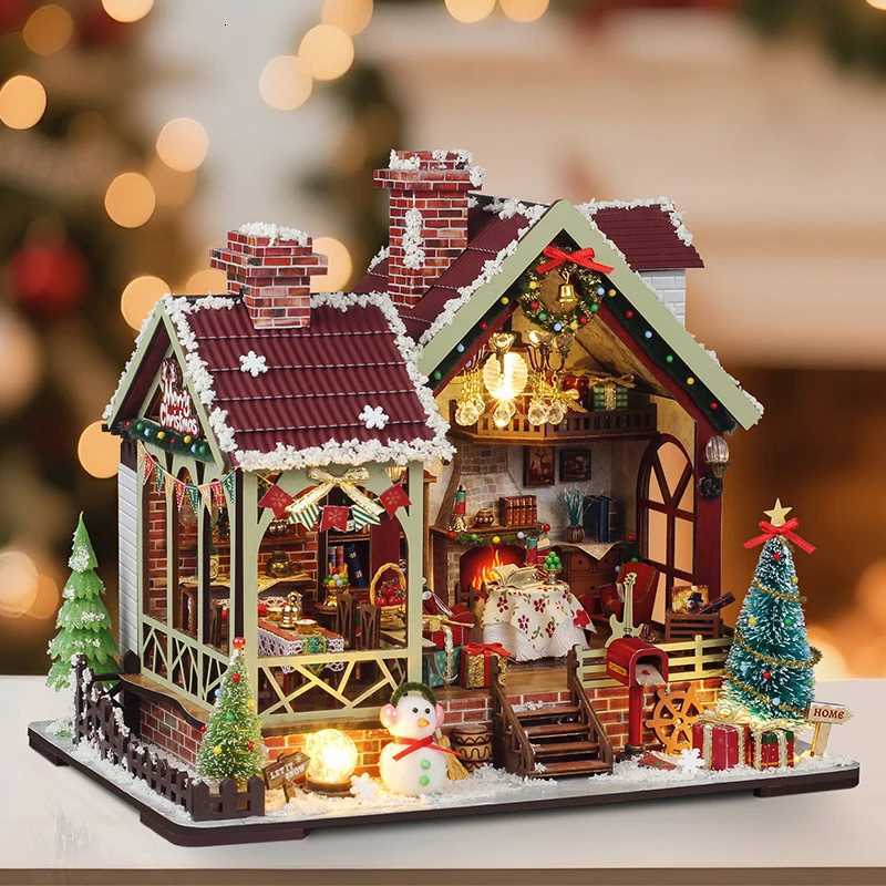 DIY Wooden Doll House Warm Christmas Lodge Casa Figurines Miniatures Assembled Dollhouse With Lights for Friends Christmas Gifts K251106