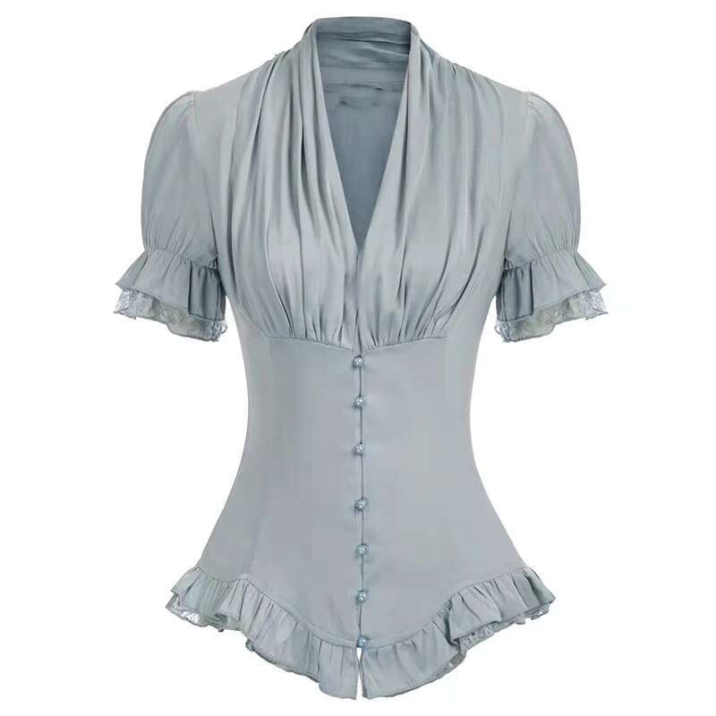 Vintage Victorian Blouse For Women Short Sleeve V Neck Lace Chiffon Slim Corset Shirt Tops