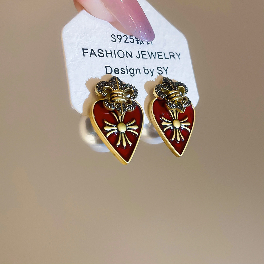 Silver Needle Zircon Cross Heart Pearl Double-Sided European and American Retro Light Luxury High-End Earrings for Women - view 8