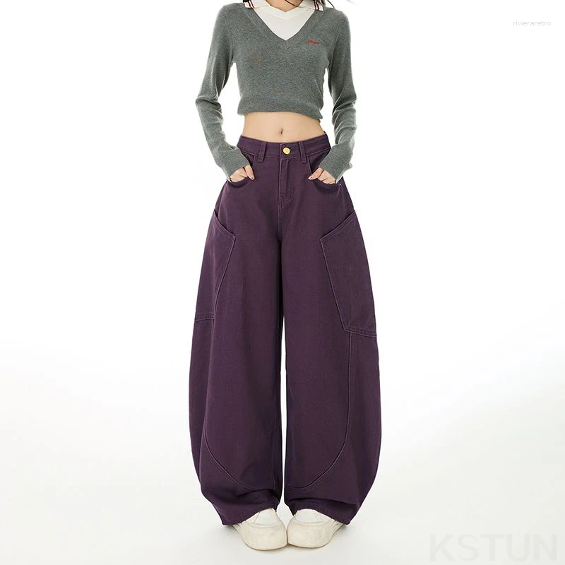 Women's Jeans KSTUN Baggy Green Women Wide Leg Curved Pants Loose Fit Cotton Trousers Vintage Threedimensional Large Pockets Trendy Z260313