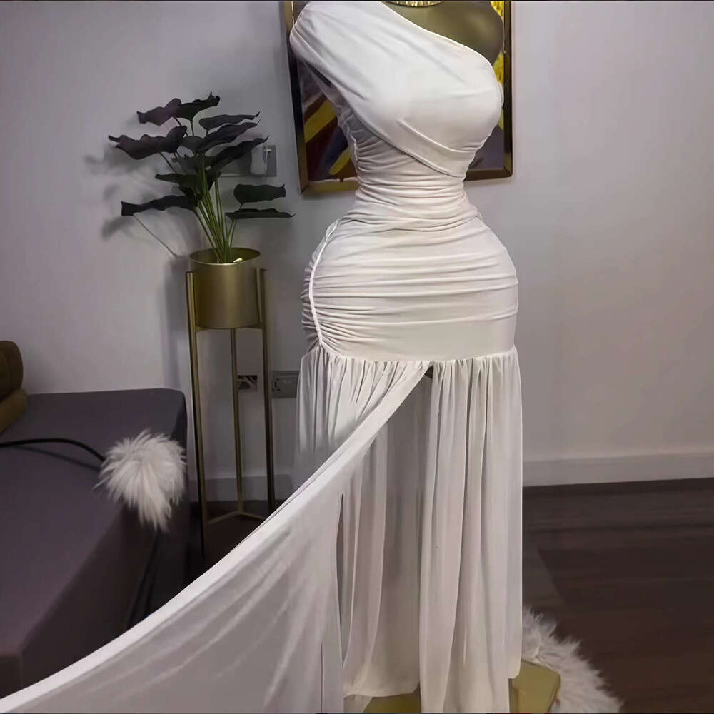 2025 Spring New Solid Color Sleeveless Asymmetrical Neck Ruched Slim Fit Split Long Dress for Women