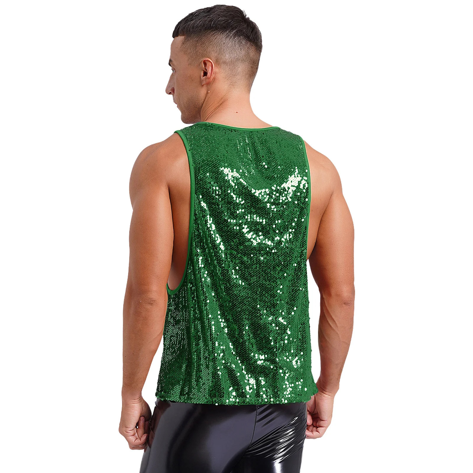 Mens Glitter Sequin Disco Club Vest Tank Top Low Crew Neck Smooth Lining Waistcoat Shiny Bodybuilding Top Dancing Party Costume 250407