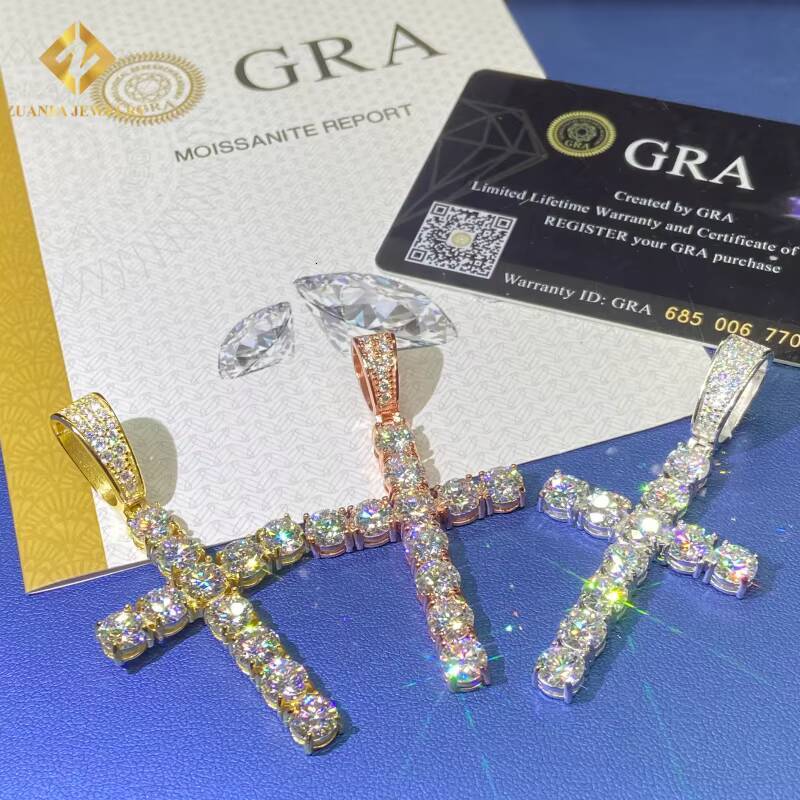 Ice Out Round Brilliant Cut VVS Moissanite Pendant Cross Pendant HipHop 925 Sterling Silver Pendant Pass Diamond Tester with GRA