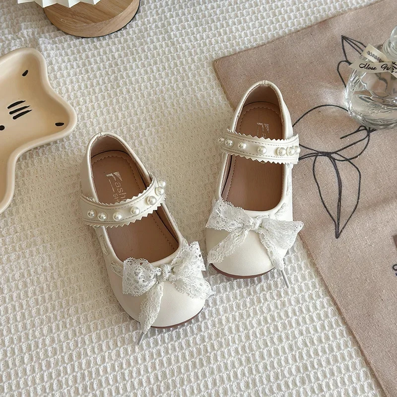 Childrens girls pearl lace princess shoes spring and summer lace bow show solid color casual flat slider size 23-34 250402