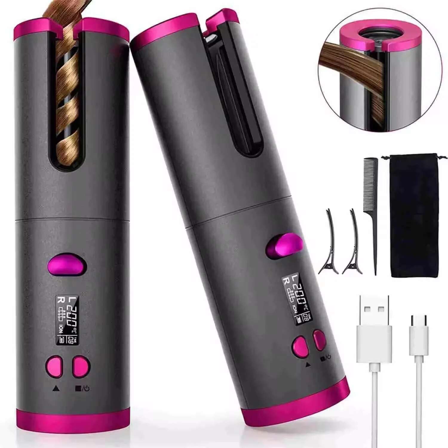 Automatic Wireless Cordless Rotating USB Rechargeable Curg Iron Display Temperature Adjustable Timing Hair Curler
