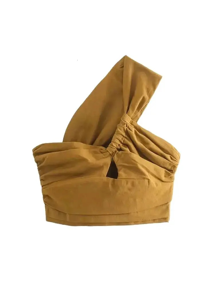 TRZA Womens Sexy Folded Asymmetric Linen Crop Vest Retro Single Shoulder Side Zipper Camis Mujer 250407