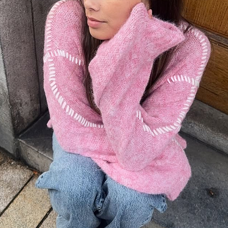 Women's color-block top, round-neck long-sleeved sweater, popular and trendy across all seasons, out-going tops, women's office outfits, pul