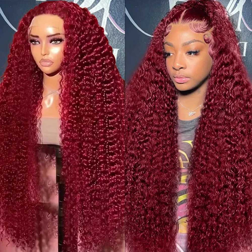 HD Transparent Lace 200 Density 13x4 13x6 Full Frontal Lace 99j Burgundy Preplucked Colored Deep Wave Frontal Human Hair Wig W251107