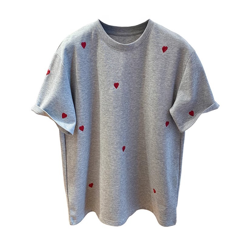 2025 Womens Designer Clothing European Style High-end Heart Embroidered T-shirt Short Sleeves New Loose Fitting Interior With Pure Cotton Base Top For