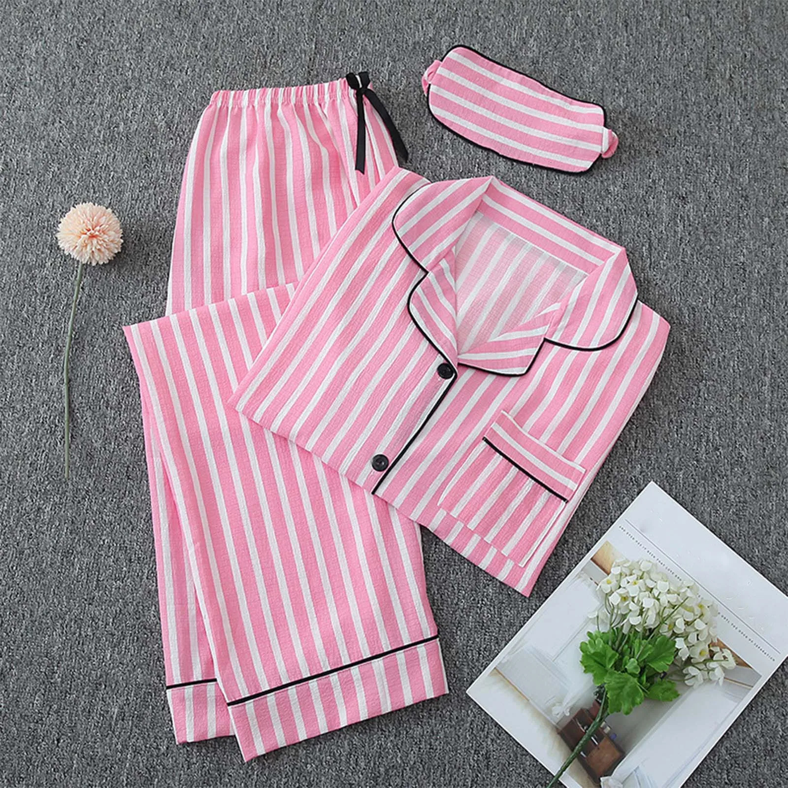 Womens pajama set long sleeved button twopiece striped casual with eyes sexy womens clothing 250313