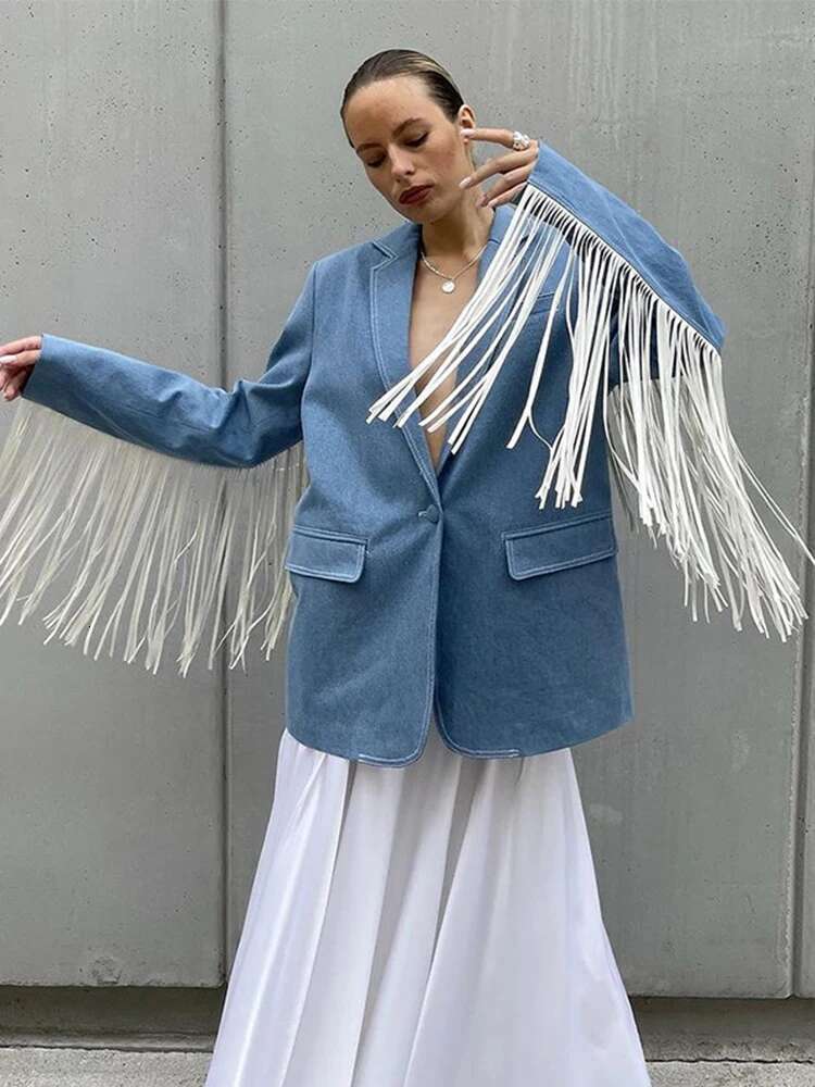 Tassel Imitation Denim Suits Jacket Flip Collar Single Button Commute Elegant Loose Casual Vintage Street Fringe Suit Top Women