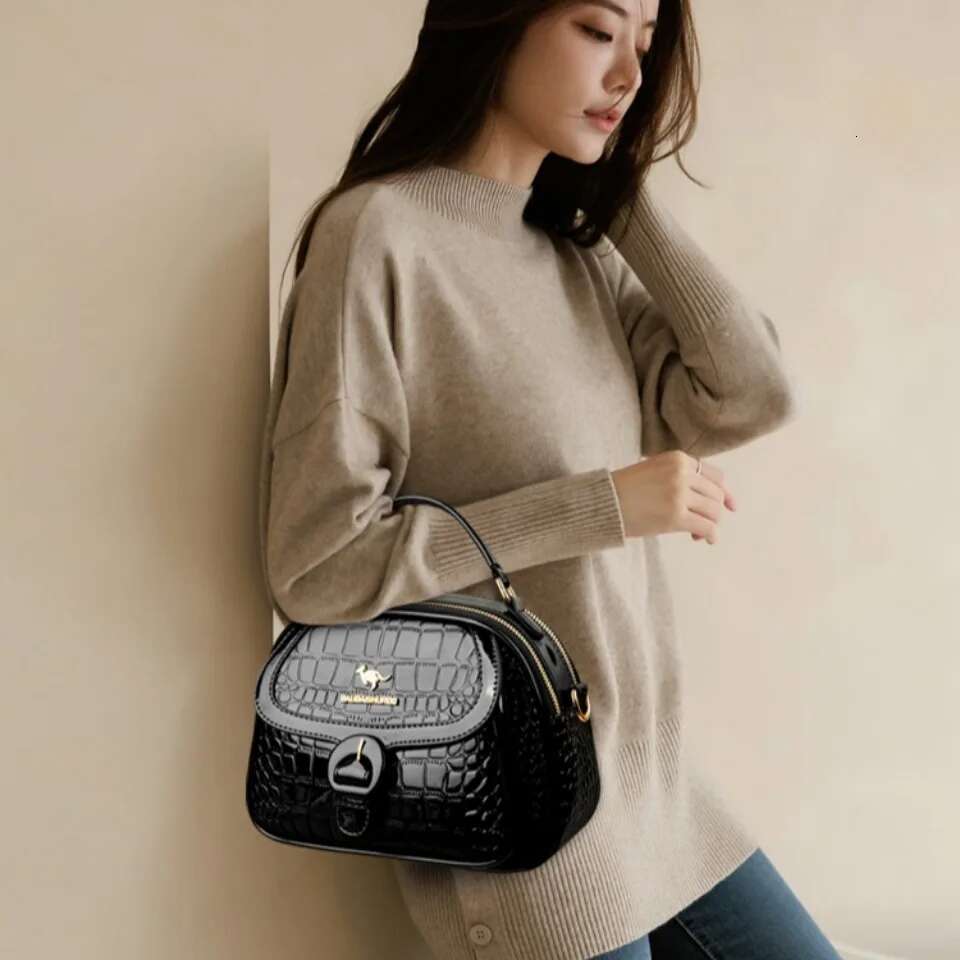 Genuine Brand 2 Layers Handbags Designer High Quality Patent Leather Crossbody Shoulder Bags for Women Mother
