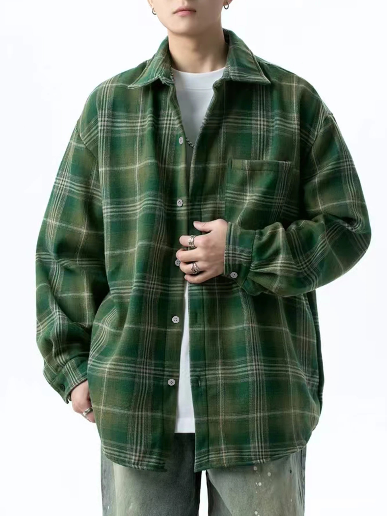 Retro green plaid shirt mens long sleeve spring and autumn loose casual coat 250226