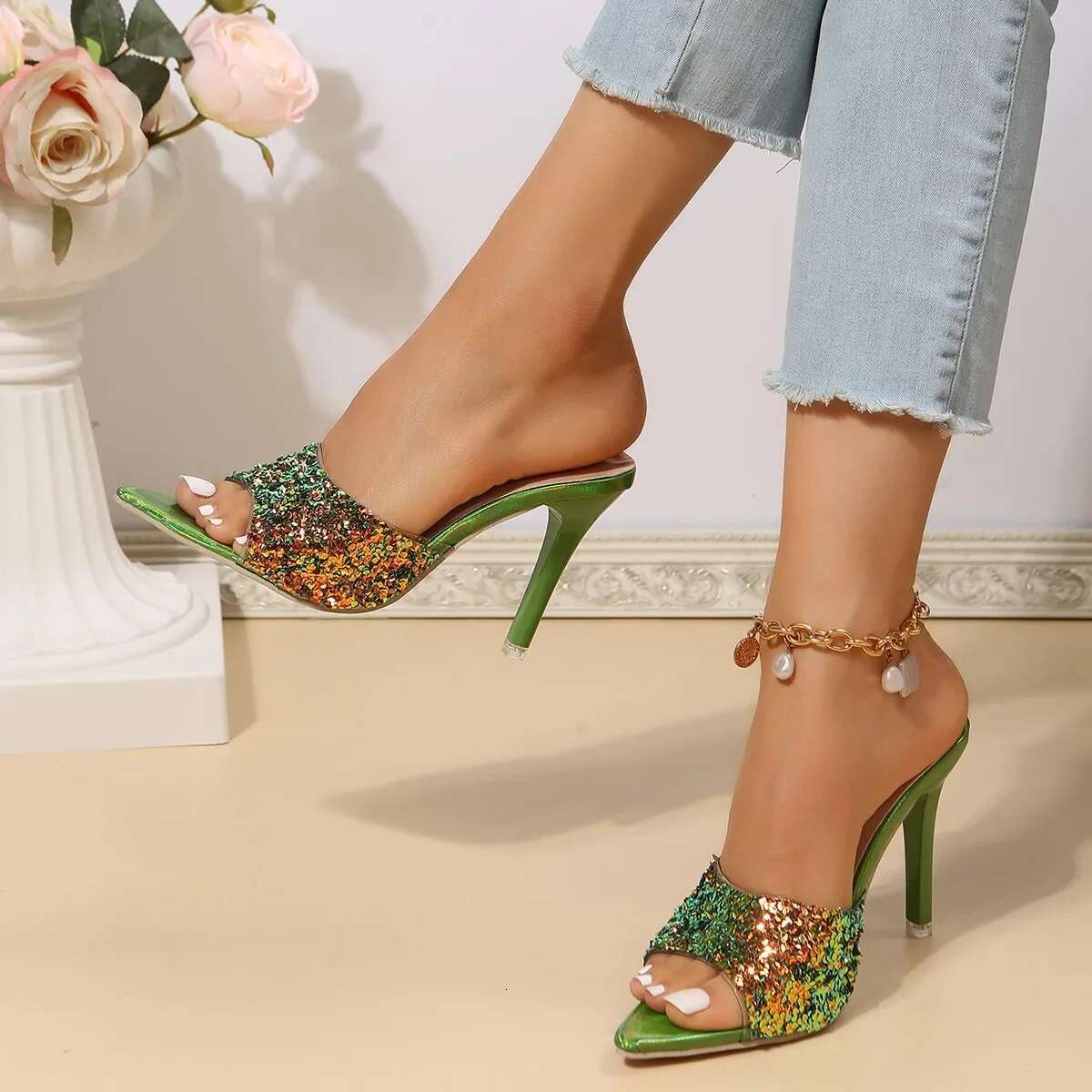 2024 New Gradual Color High Sequin Sandals Summer Fashion Slipper Fish Mouth Slim Heels Large Size Women's Shoes