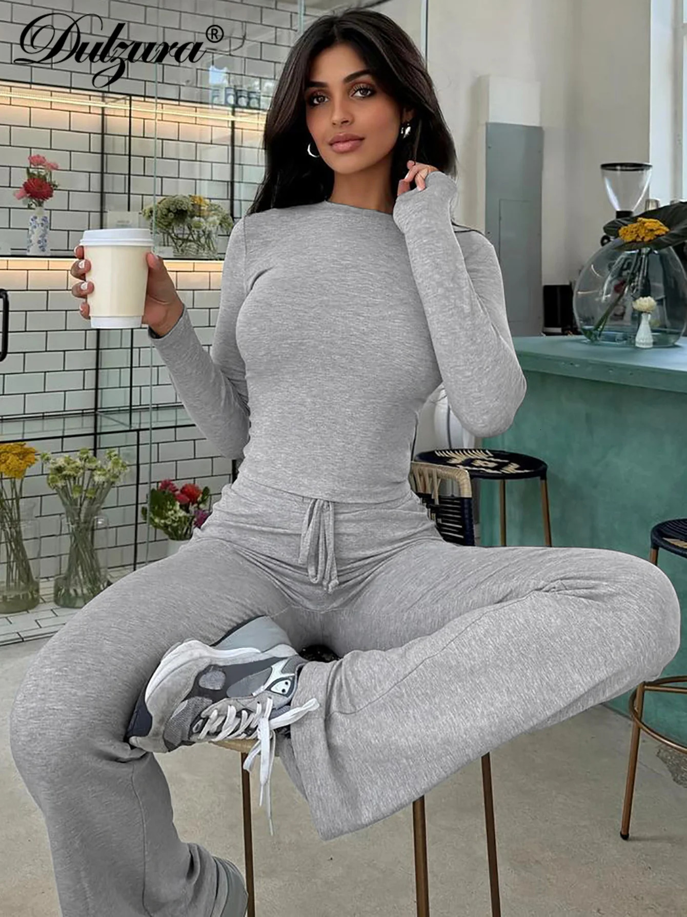 Dulzura WomenS Casual 2 Piece Pants Set Long Sleeves Bodycon Crop Top And Drawstring Flare Pants Matching Set Streetwear Autumn 251104