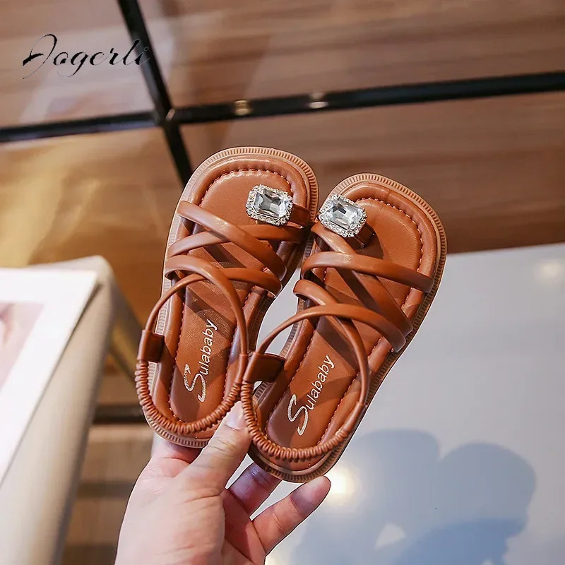 Kids Girls Toe Sandals Summer Rhinestone Fashion Sandals Children Stylish Non-slip Princess Shoes Slipper Size 23-36 250407