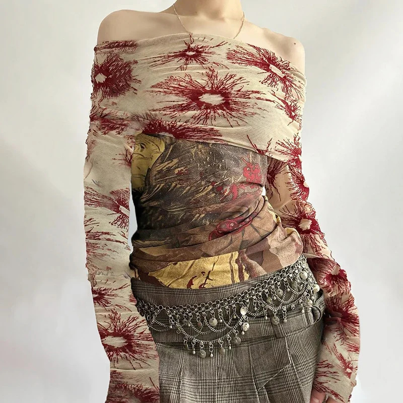 Retro Y2K aesthetic floral print slanted neck long sleeved Tshirt with mesh see through cut top for womens retro fashion 250407