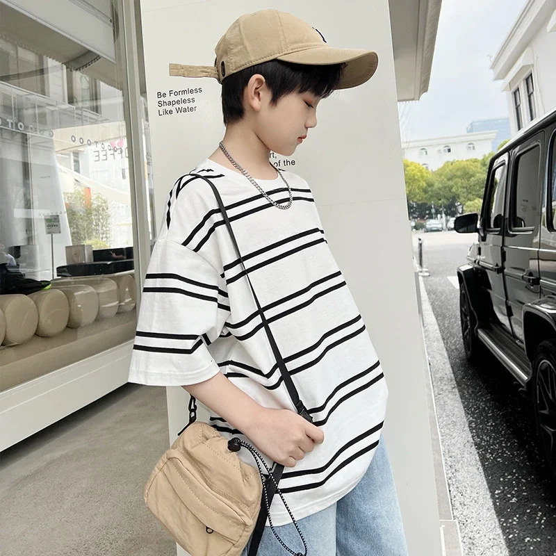 Summer Childrens Clothing Korean Style Boys Short-sleeved T-shirt Childrens Half-sleeved Striped Top Sportswear T-shirt 250407