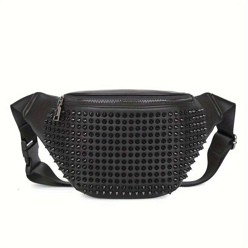 Fashion Casual Waist With Adjustable Strap, Black Rivet Detail Chest Bag For Going Out, Zipper Closure, Polyester Lined