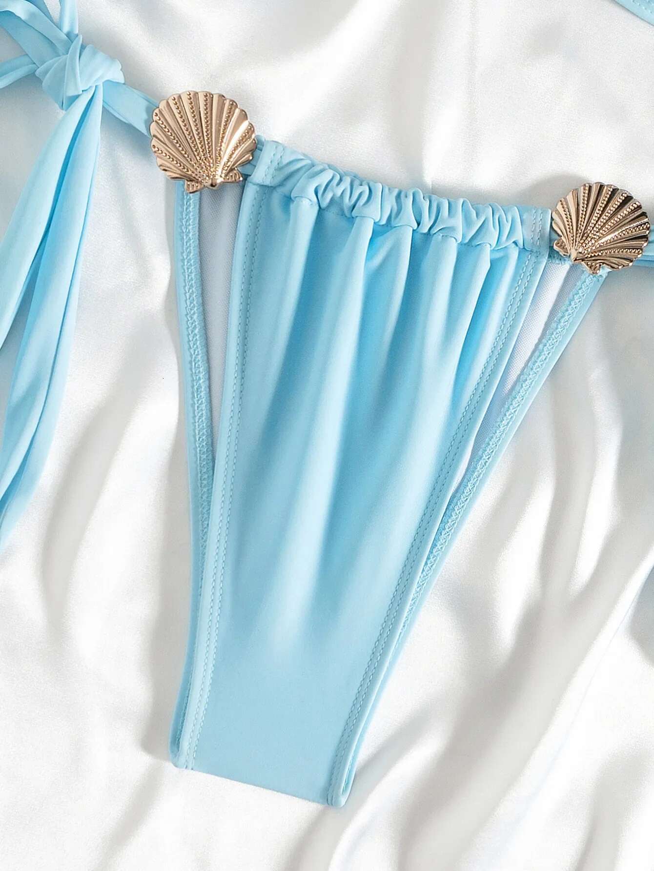 Dongdumaoyi Sexy Metal Shell Bikini Set Women Solid Sky Blue Pleate Push Up Tie Side Tanga Swimsuit Beach Bathing Suit Micro Swimwear