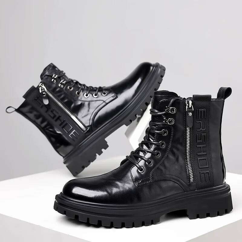 Luxury Brand Winter New Designer Genuine Leather Boots Fashion Casual High Top Short Plush Men Side Zipper Platform Shoes