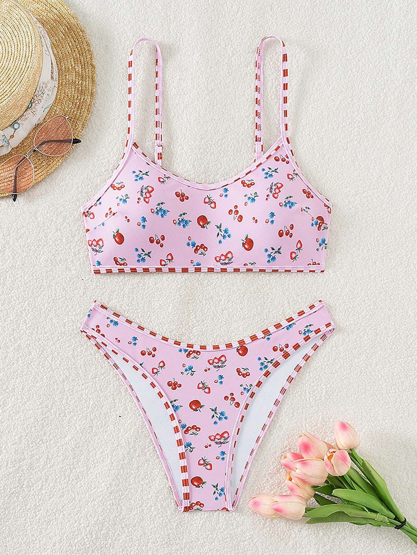 Dongdumaoyi Split Bikini New Women S Piece Pink Swimsuit Summer Fruit Print Swimwear Sexy Suspender Padded Push Up Beach Bathing Suit
