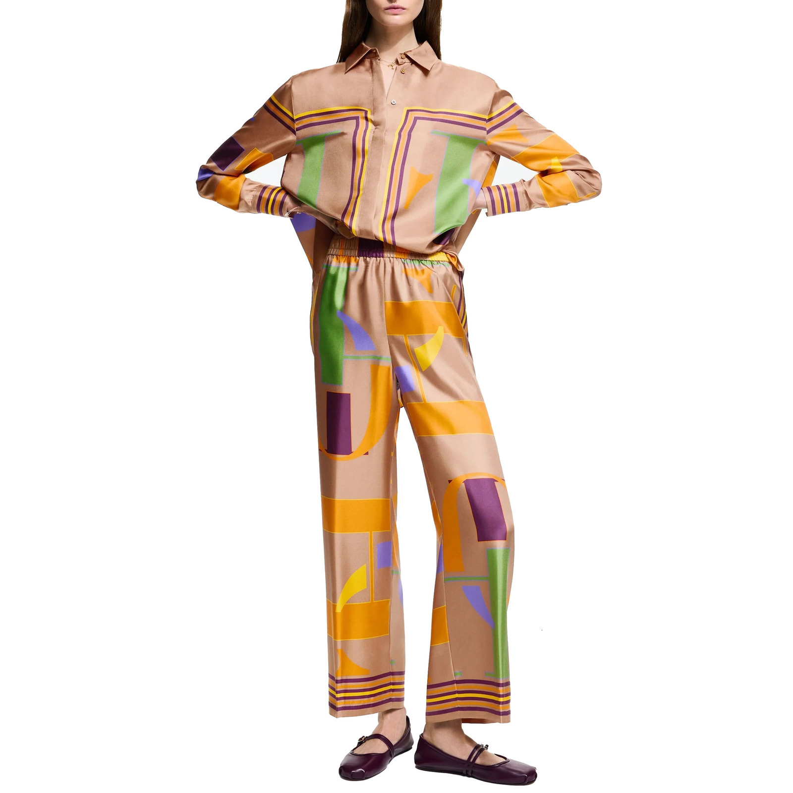 CHCH loose geometric shirt pants set womens printed satin twopiece top wide leg Trousers casual 250407