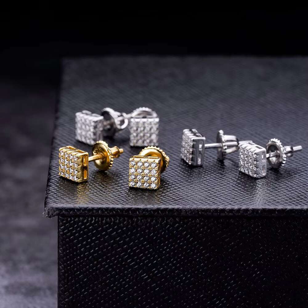 High Quality Hip Hop Jewelry Iec Out Zircon Minimalist 925 Sterling Silver Square Stud Earrings for Men