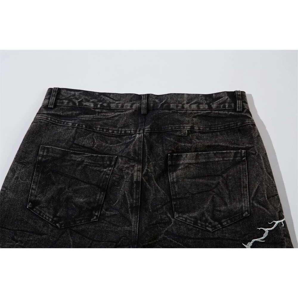 Lighing Embroidery Jeans Mens High Street Washed Distressed Loose Wide Leg Denim Pants Men Trousers