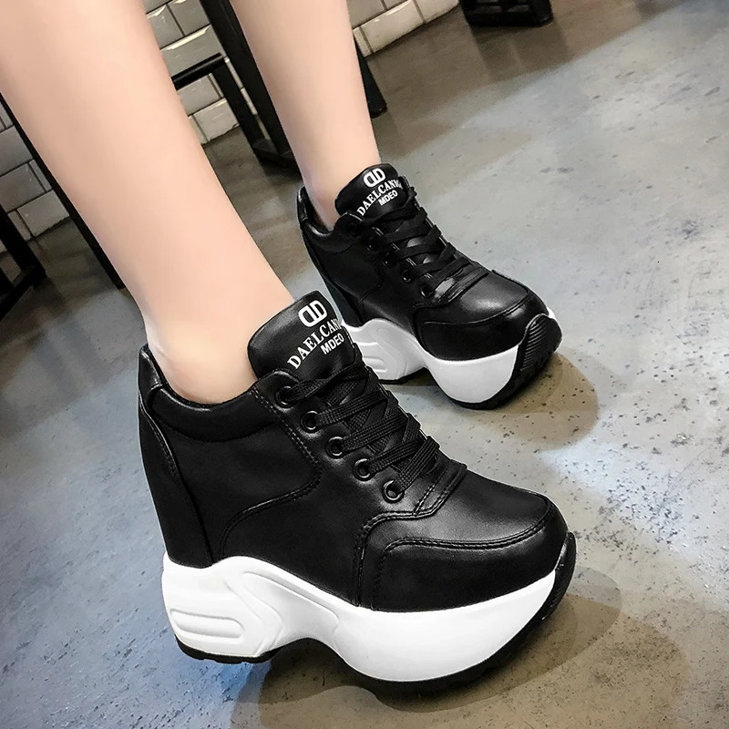 Womens Ankle Boots 2024 Spring Leather Chunky Shoes Woman Platform Height Increased Sneakers 10CM Thick Sole Wedges White Boots 250402