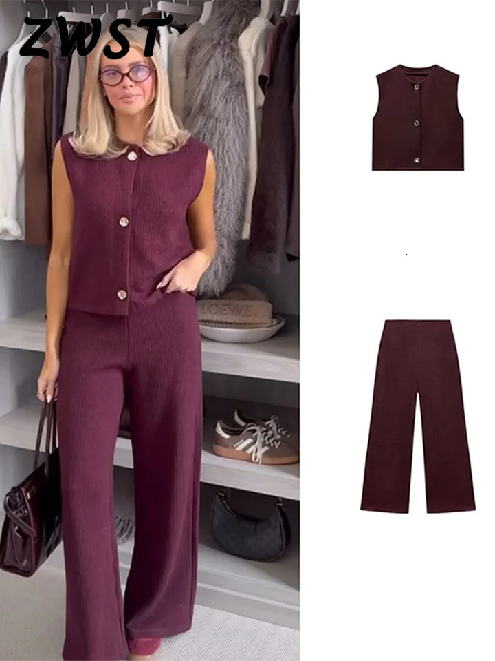 Knitted vest twopiece set womens casual sleeveless single chest cardigan wide leg Trouser spring minimalist loose suit 250407