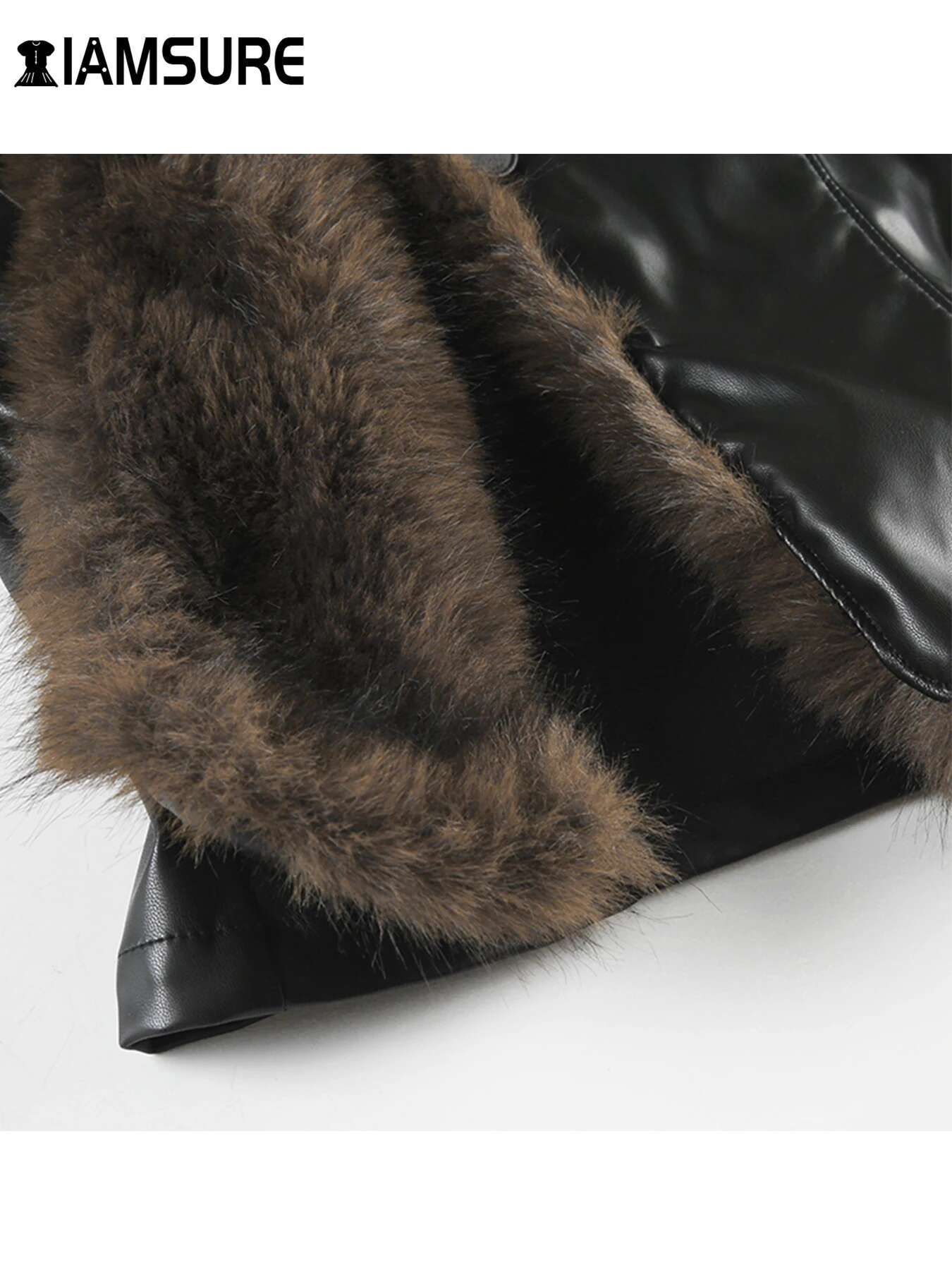 IAMSURE Casual Patchwork Fur Trim Pu Leather Jackets Slim Turn-Down Collar Single Button Long Sleeve Coats Women 2024 Winter