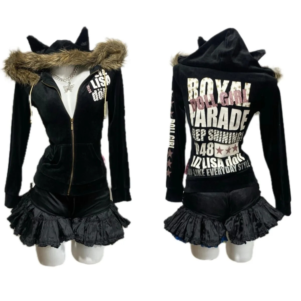 Winter y2k retro letter printing spice with fluffy collar cat earmuffs zipper hoodie cardigan coat top emo girl 250403