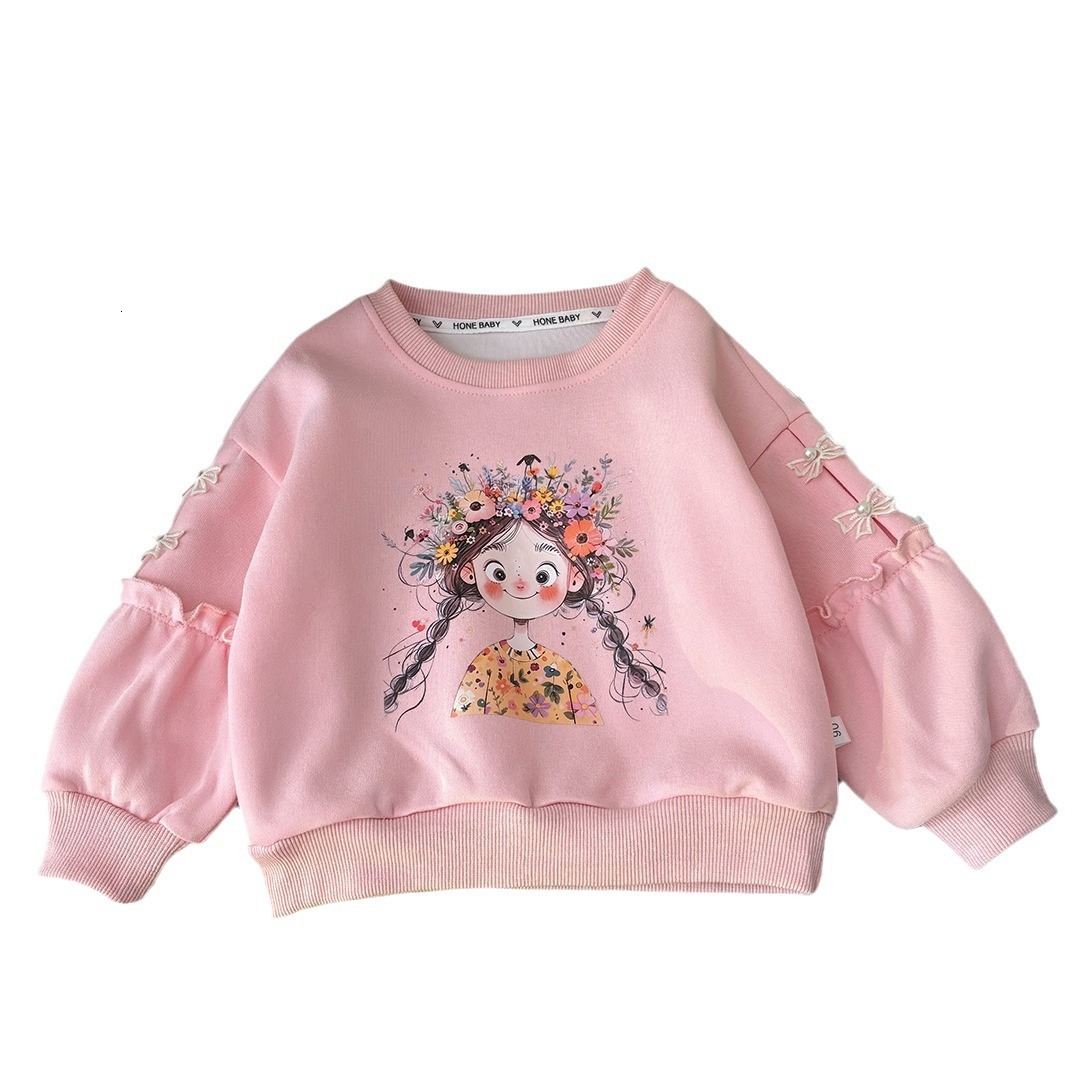 Ddmyshoesvip Girls Hoodie New Cotton Baby Princess Bow Cartoon Long Sleeved Spring And Autumn Top Round Neck Western Style