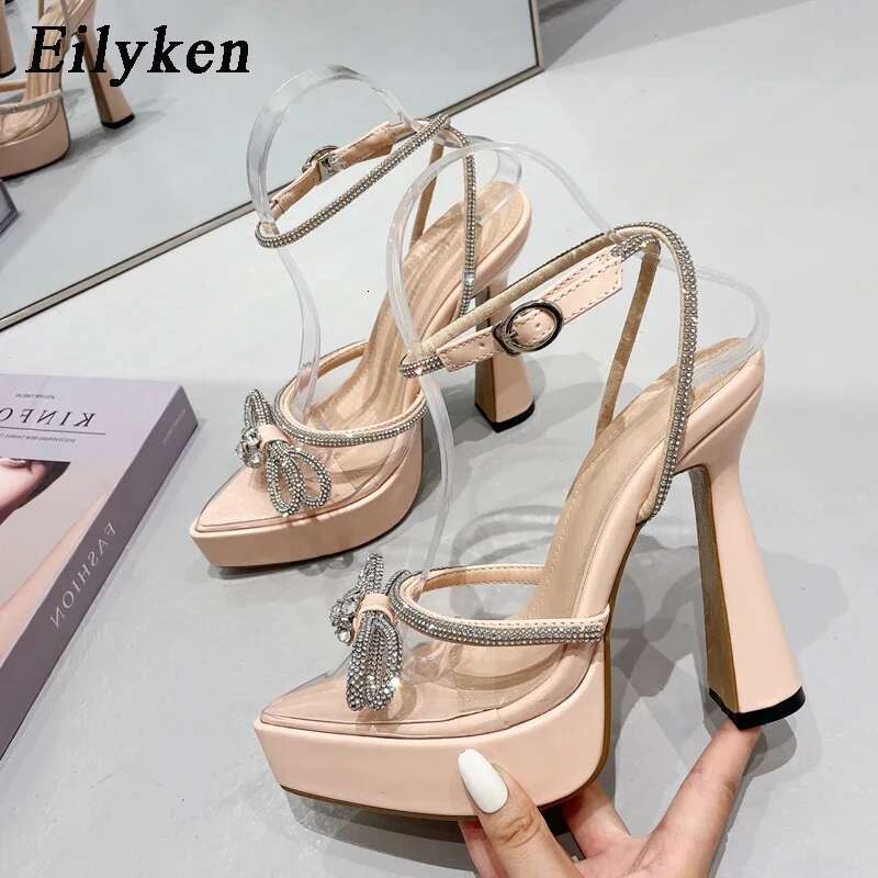 Eilyken Spring Platform Pointed Toe Women Pumps Design Transparent Crystal Butterfly-Knot Sexy High Heel Female Sandals Shoes