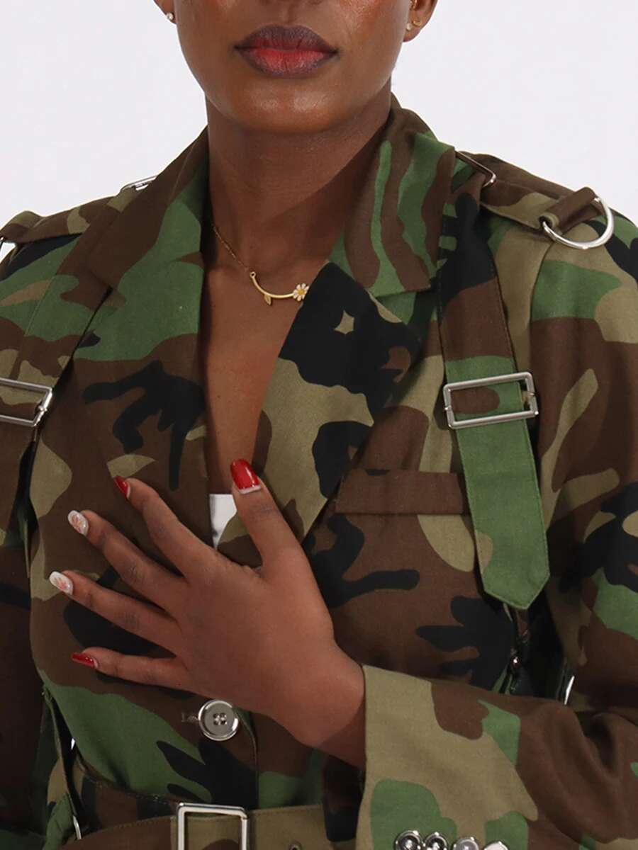 VGH Hit Color Camouflage Spliced Belt Jackets For Women Notched Collar Long Sleeve Patchwork Button Casual Coats Female Style
