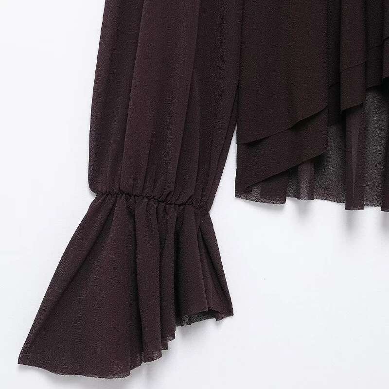 Willshela Women Fashion Brown Back Bow Lace Up Ruffled Pleated Pullover Blouse Vintage O-Neck Female Chic Lady Shirts