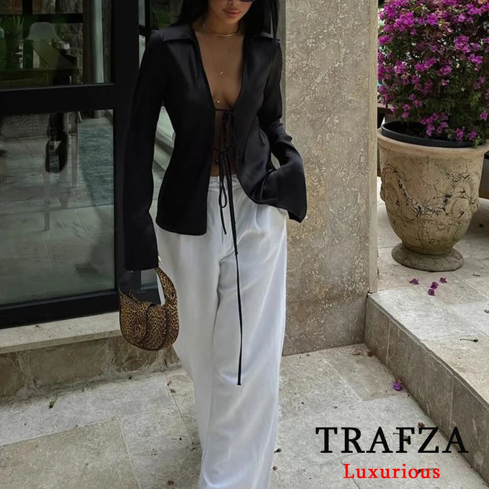 TRAFZA sexy black satin tie shirt womens long sleeved Vneck ultrathin top fashionable summer elegant silk 250407