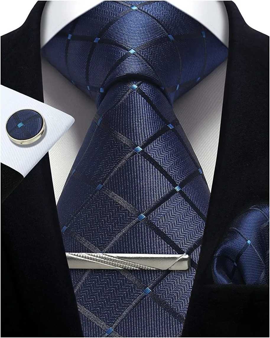100% Silk Ties for Men Plaid Checks Tie Clip Handkerchief Woven Classic Mens Necktie Pocket Square Set Formal Wedding Ties X250407