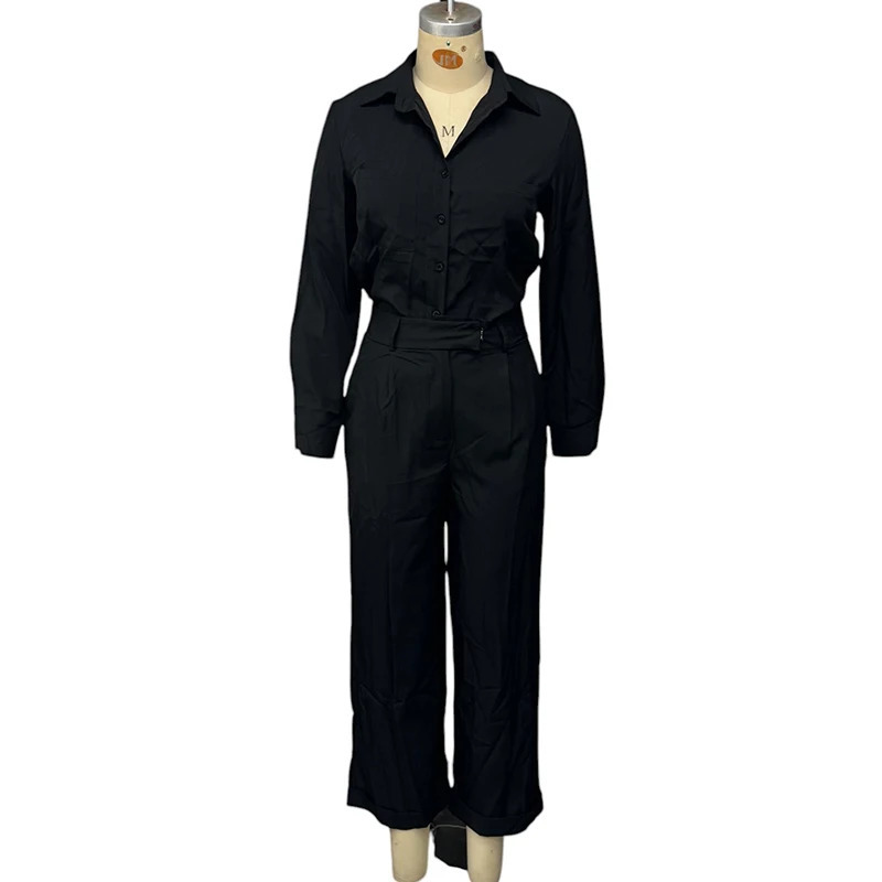 Wefads 2piece womens matching set fashionable long sleeved solid collar single chest button backless shirt straight pants 250407