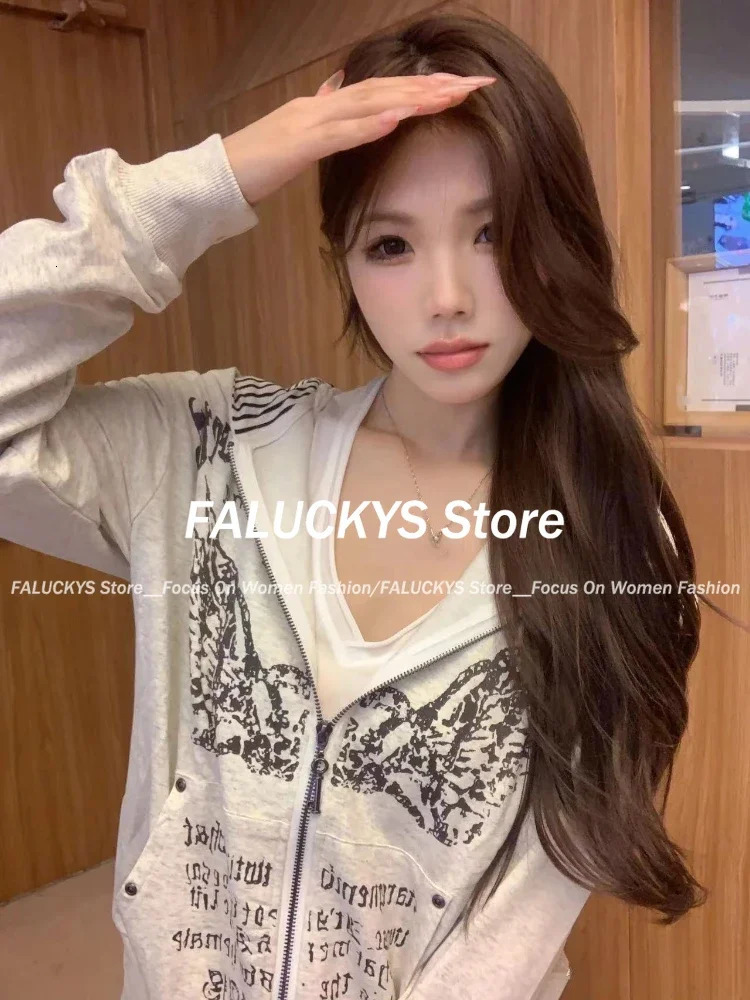 Grunge Print ultrathin waist Y2k hooded sweatshirt autumn zipper retro womens casual fashion long sleeved top 250403