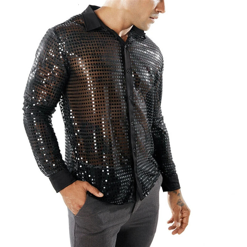 Mens Sheer Sequins Shirt Long Sleeve Turn Down Collar Button Dot Shirts y Blouse Tops 250226