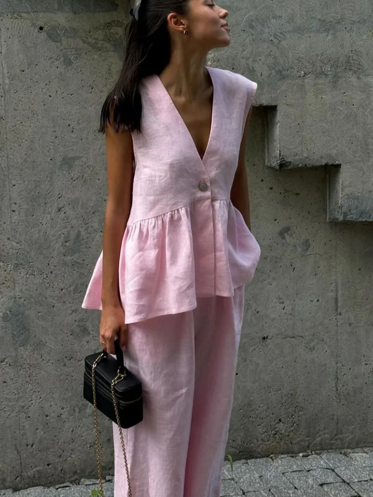 Loose pink cotton linen 2-piece womens summer special outfit sleeveless vest with high waist wide pants set 250401