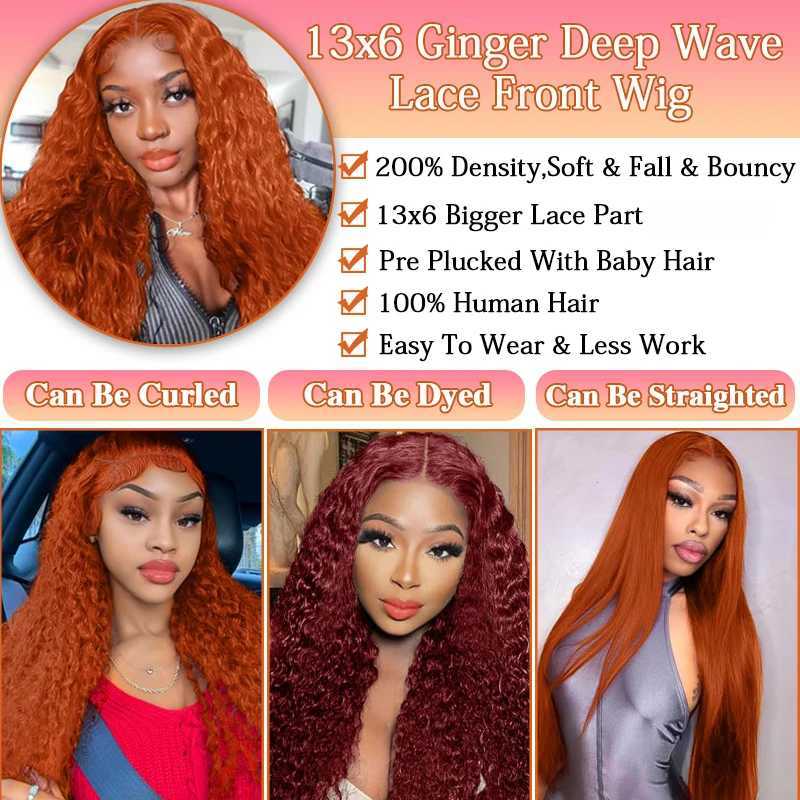 Orange Ginger Lace Front Wig Human Hair 13x6 Deep Wave Lace Front Wigs 38 Inch Water Wave Human Hair Wig Pre Plucked Curly Wigs W251107