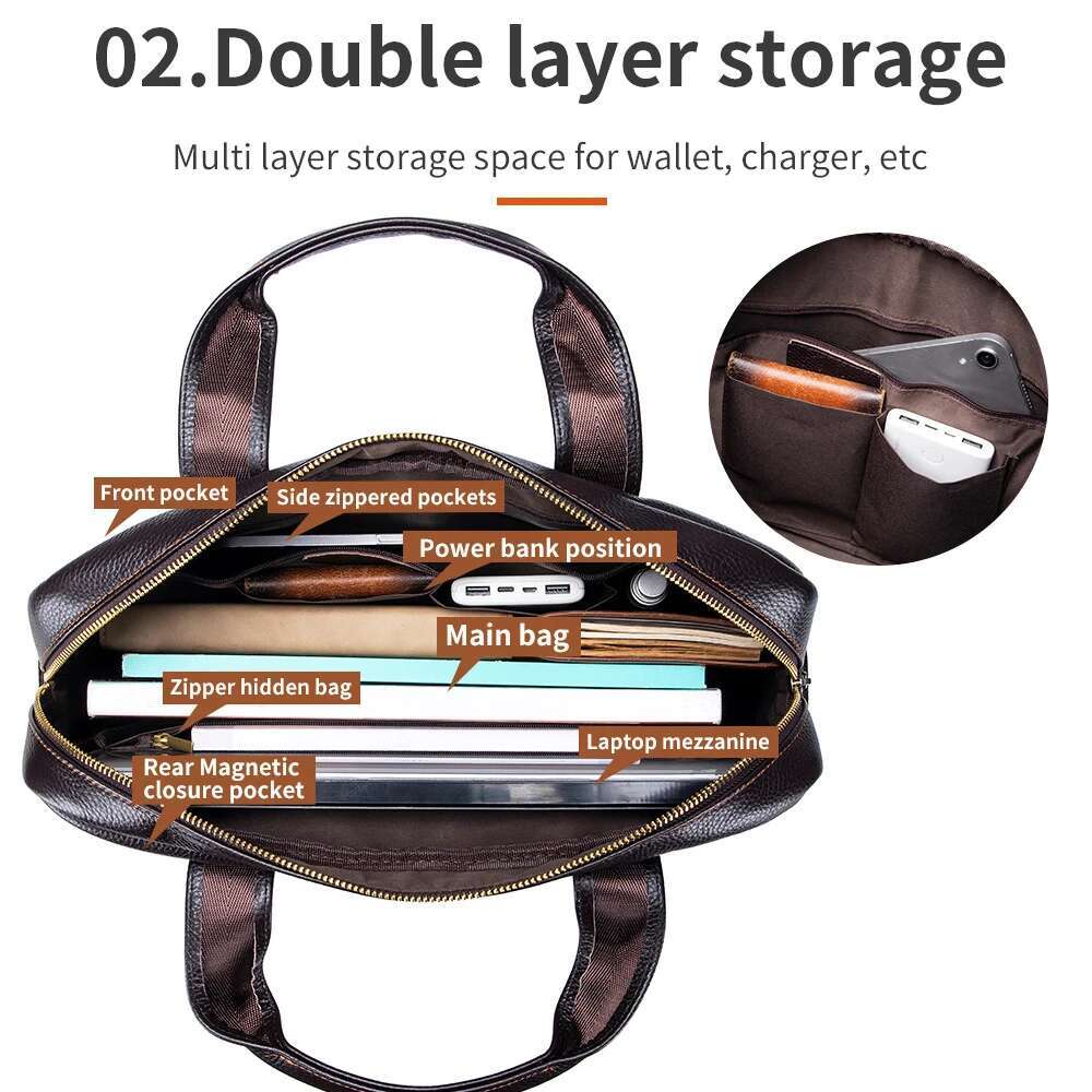 Men's Top Layer Cowhide Leather Handbag Diagonal Cross Office Bag Laptop Briefcase - Stylish Business Travel Accessory