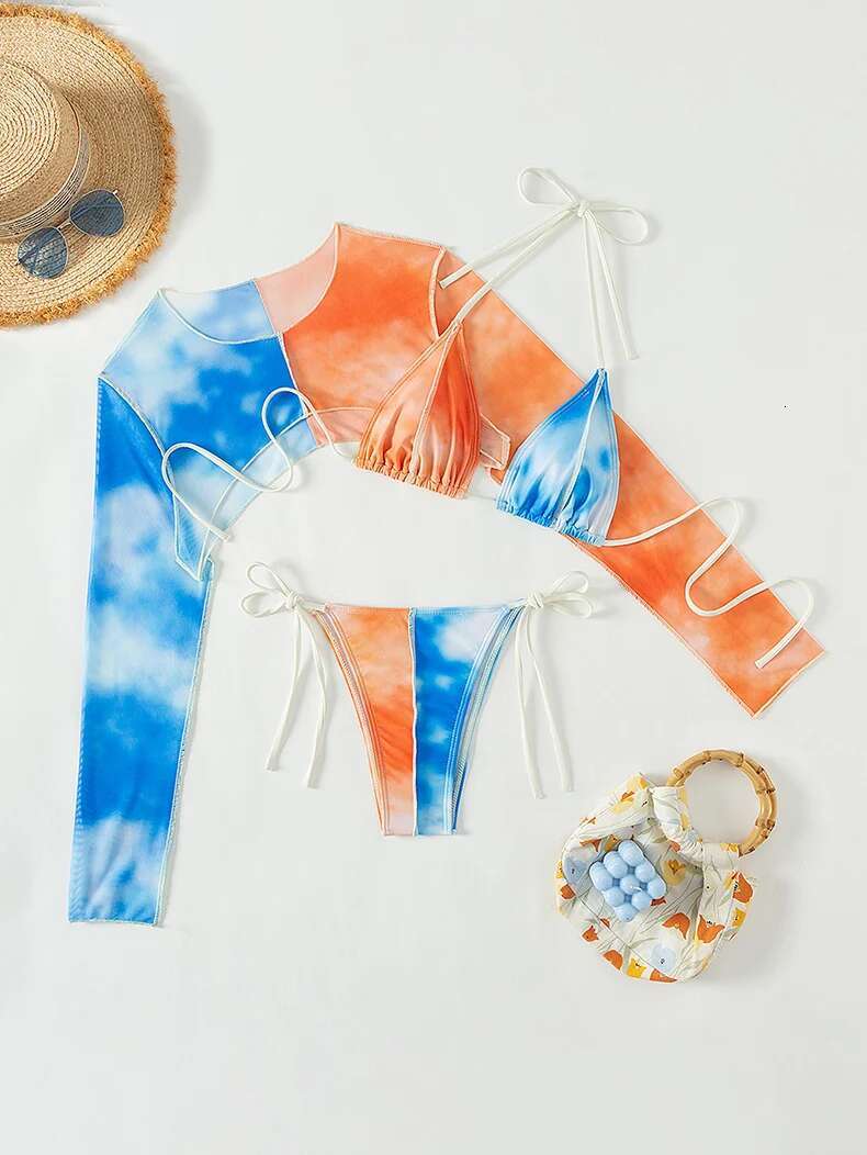 Dongdumaoyi Sexy Orange Blue Contrast Bikini Set Women Long Sleeve Mesh Cover Up Piece Swimsuit Brazilian Bathing Suit Thong Swimwear