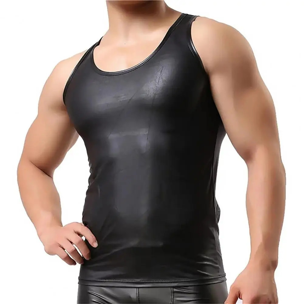 Mens sexy PU leather vest sleeveless Erotic Shaping Sheath elastic shirt soft latex body patent leather T-shirt club vest 250403